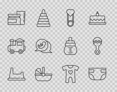 Hattı ayarla, bebek tuvaleti, emici bebek bezi, iğne, bebek arabası, yemek ve oyuncak ikonu. Vektör