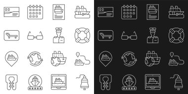 Hat çanı, hat yolu, Lifebuoy, yolcu gemisi, gözlük, güneşlik ve şemsiye, kartpostal yolculuğu ve ikon kaptanı. Vektör