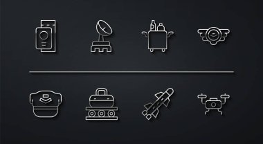 Bilet, Pilot şapkası, Havacılık amblemi, Roket, konveyör bavulu, Radar, İHA uçuşu ve yiyecek ikonu için Trolley ile hat pasaportu ayarlayın. Vektör