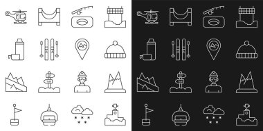 Set hattı ödüllü podyum, dağlar, kış şapkası, balıkçılık, kayak ve sopalar, termos konteynırı, kurtarma helikopteri ve dağ ikonlu konum. Vektör