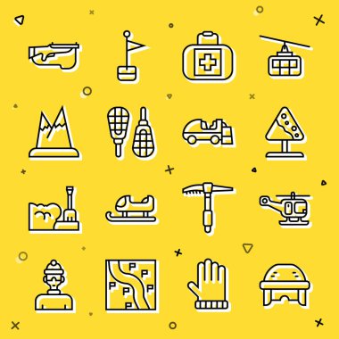 Hokey kaskı, kurtarma helikopteri, yol tabelaları, ilk yardım çantası, kar ayakkabıları, dağlar, Biathlon tüfeği ve buz yüzeyi ikonu. Vektör