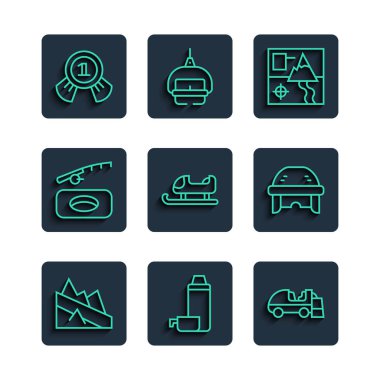 İniş çizgisi, termos kabı, buz yüzeyi, katlanmış harita, kızak, kış balıkçılığı, madalya ve hokey başlığı ikonu. Vektör