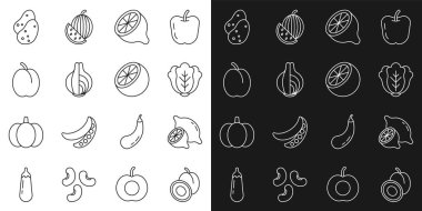 Plum meyvesi, limon, lahana, soğan, patates ve portakal ikonu. Vektör