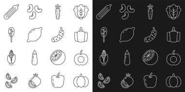 Sabit çizgi, balkabağı, şeftali meyvesi, dolmalık biber, havuç, limon, ıspanak, taze salatalık ve ikon. Vektör