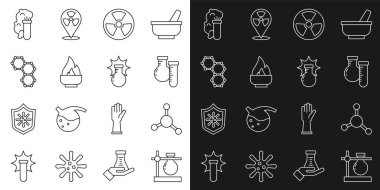 Test tüpünü kürsüye çıkarın, Molekül, Radyoaktif, Alkol veya Ruh Yakıcı, Kimyasal Formül, Patlama ve Simge. Vektör