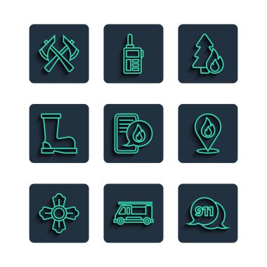 İtfaiyeci, kamyon, 911 'i arayın, yanan orman ağacı, acil durumda aranacak telefon, botlar, balta ve yangın yeri ikonu. Vektör