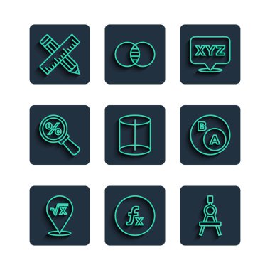 Çizgi kare kök x glifini, çizim pusulayı, XYZ koordinat sistemini, geometrik figürü, yüzde ile büyüteç, çapraz cetvel ve kalem ve altkümeleri, matematik alt küme simgesidir. Vektör