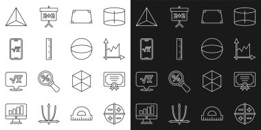 Satır XYZ Koordinat Sistemi, Sertifika şablonu, Grafik, çizelge, grafik, diyagram, akut trapezoid şekil, cetvel, x glifinin kare kökü, Geometrik figür Tetrahedron ve Küre simgesi. Vektör