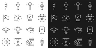 Çin kağıt feneri, balık bifteği, Yuan parası, güneşten Japon şemsiyesi, bayrak direğinde, köfte ahşap çubuğu ve ikon. Vektör