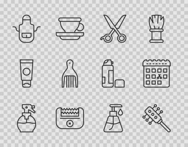 Saç spreyi şişesi, saç fırçası, makas kuaförü, elektrik makası, berber önlük, Barrette, krem kozmetik tüp ve saç kesim günü ikonlu takvim. Vektör