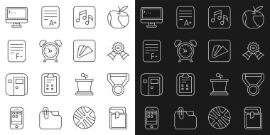 Satır Defteri, Madalya, Müzik Notası, Ton, Alarm Saati, Yanlış cevaplar içeren Sınav kağıdı, Bilgisayar monitörü ve Kağıt Uçak simgesi. Vektör