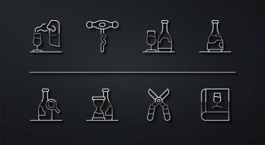 Sommelier, bir şişe şarap, bahçe makası, şarap tirbuşonu, kitap ve cam ikon. Vektör