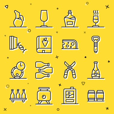 Şarap için ahşap fıçı, şampanya şişesi, şişe açacağı, Old of, üzümler hakkında kitap, şarap tatma, degulasyon, Dekanter ve peynir ikonu. Vektör