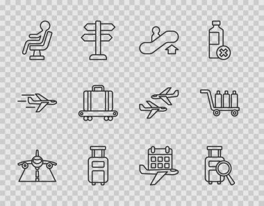 Uçak, kayıp bagaj, yürüyen merdiven, bavul, havaalanı terminalinde bekleyen insan, bavullu konveyör bandı, takvim ve uçak ve Trolley ikonu. Vektör