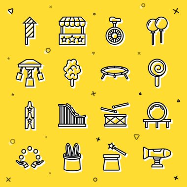 Hız treni, hız treni, lolipop, tek tekerlekli bisiklet, pamuk şeker, atlıkarınca, havai fişek roketi ve trambolin ikonu. Vektör