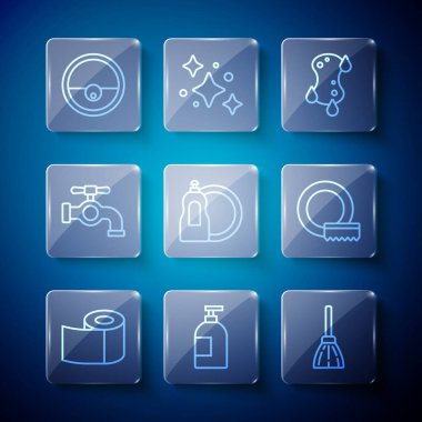 Tuvalet kağıdı rulosu, bulaşık deterjanı, süpürge, sünger, su musluğu, elektrikli süpürge ve bulaşık yıkama ikonu. Vektör