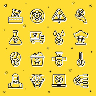 Radyoaktif, Meteoroloji termometresi, Nükleer Patlama, Radyasyonlu Üçgen, Kamyon malzemeleri, Test tüpü, fıçıdaki atık ve asit yağmuru ve radyoaktif bulut ikonu. Vektör