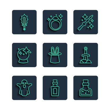 Hayalet, iksirli şişe, sihirli değnek, sihirbaz şapkası tavşan kulakları, top, kılıç ve taş ikon. Vektör