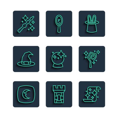 Ay ve yıldızlar, kale kulesi, sihirli parşömen, sihirbaz şapkası tavşan kulakları, top, cadı, asa ve simge. Vektör