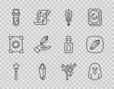 Sihirli değnek, Hayalet, kılıç ateşte, taş, şişe iksir, asa ve ikon. Vektör