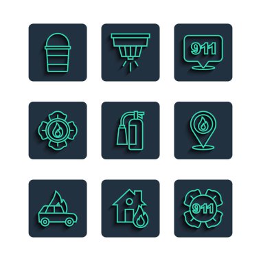 Hattı kurun, yanan araba, yanan ev, 911 'i arayın, yangın söndürücü, itfaiyeci, kova ve alev ikonlu konum. Vektör