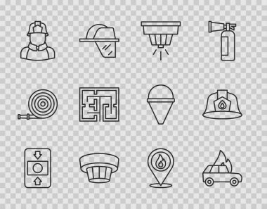 Yangın alarmını, yanan arabayı, dumanı, itfaiyeciyi, tahliye planını, yangın alevi ve kask ikonunun olduğu yeri ayarla. Vektör