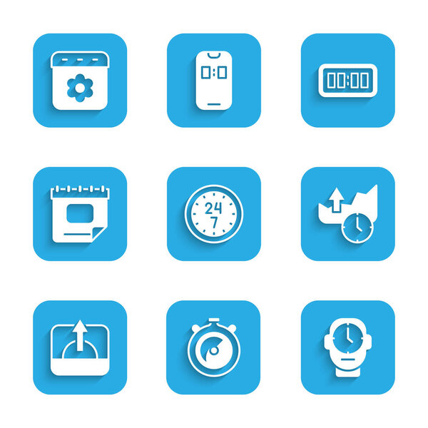 Установите часы 24 часа, секундомер, графики роста рынка акций, Восход, Календарь, Цифровой будильник и значок пружины. Вектор
