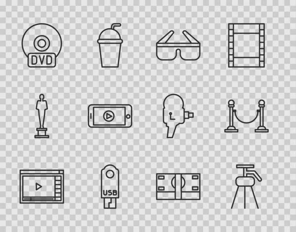 Set Line Online Play Video Trípode Gafas Cine Unidad Flash — Vector de stock