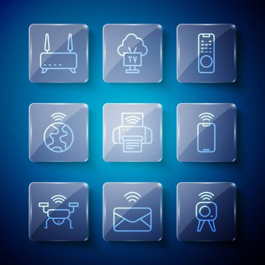Hat Akıllı İHA sistemi, e- posta ve e-posta, Web kamerası, uzaktan kumanda, yazıcı, küresel teknoloji, Router kablosuz ikonlu Wi-Fi sinyali ve Mobile 'i ayarla. Vektör