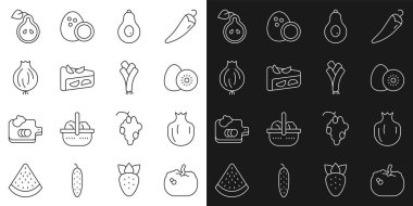 Sabit çizgi Balkabağı, Nar, Kivi meyvesi, Avokado, Ev yapımı turta, Sarımsak, Armut ve Pırasa ikonu. Vektör
