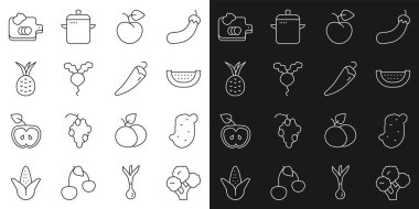 Çizgi çizgisi Brokoli, Patates, Karpuz, Şeftali meyvesi veya nektarin, Turp, Ananas, Sebzeli Kesme tahtası ve acı biber ikonu. Vektör