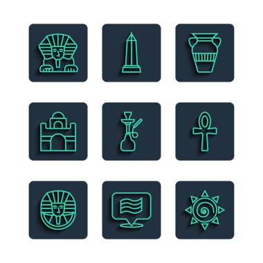 Mısır Firavunu, Bayrak, Güneş, vazo, nargile, ev, Sfenks ve Haç Ankh ikonu. Vektör