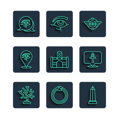 Coral hattı, Ouroboros, Obelisk İskenderiye 'nin sihirli sembolü, Mısır kanatlı güneşi, ev, Göz Horusu ve Haç ikonu. Vektör