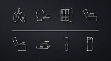 Ciğerler, çakmak, puro, sigara içen adam ve sigara kutusu ikonu. Vektör