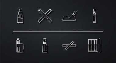 Vape sıvı şişesi, mod cihazı, elektronik sigara sigara, sigara içmek yok, kutu ve ikonlu kül tablası. Vektör