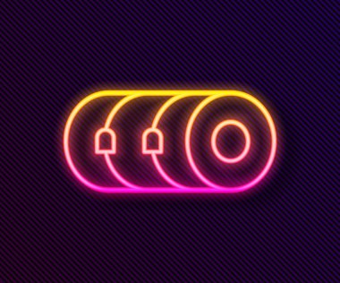 Parlayan neon hattı battaniye rulo simgesi siyah arkaplanda izole edildi. Kamp paspası. Vektör