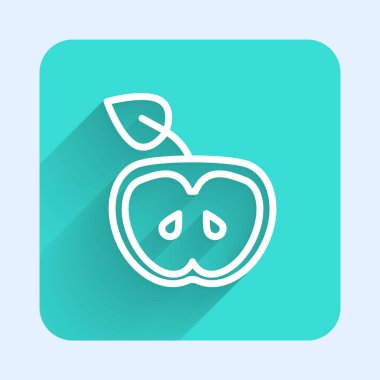 Apple 'ın beyaz çizgi simgesi uzun gölge arkaplan ile izole edildi. Fazla kilolu. Sağlıklı diyet menüsü. Fitness diyeti elması. Yeşil kare düğmesi. Vektör