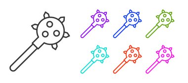 Siyah çizgi Ortaçağ zincirlenmiş top ikonu beyaz arka planda izole edilmiş. Morgenstern Ortaçağ silahı ya da sivri uçlu topuz. Simgeleri renklendirin. Vektör