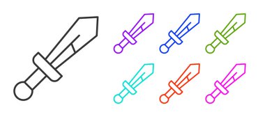 Siyah çizgi Ortaçağ kılıç ikonu beyaz arka planda izole edilmiş. Ortaçağ silahı. Simgeleri renklendirin. Vektör