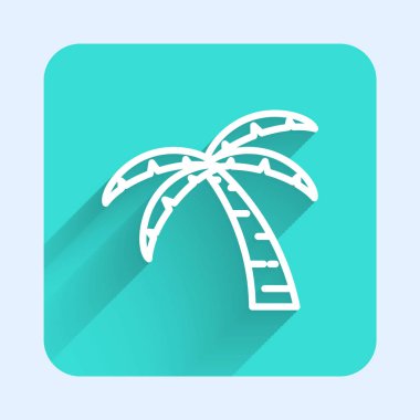 Beyaz çizgi tropikal palmiye ağacı ikonu uzun gölge arkaplanı ile izole edilmiş. Hindistan cevizi palmiyesi. Yeşil kare düğmesi. Vektör