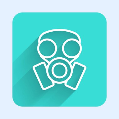 Beyaz çizgi gaz maskesi simgesi uzun gölge arkaplanı ile izole edildi. Solunum cihazı işareti. Yeşil kare düğmesi. Vektör