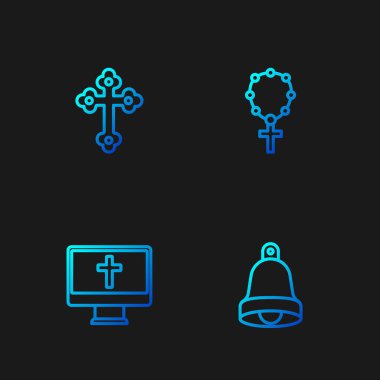 Kilise çanı, Hıristiyan haçı monitörde ve tespih dini. Renk simgeleri. Vektör