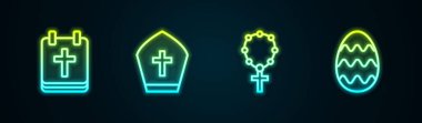 Paskalya takvimi, Papa şapkası, tespih, din ve yumurta. Parlayan neon ikonu. Vektör