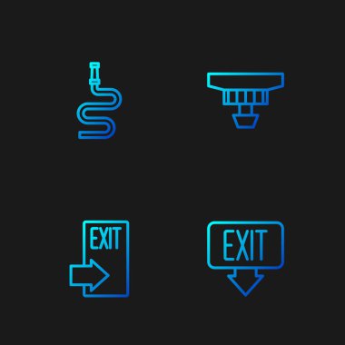 Yangın çıkışını, hortum makarasını ve duman alarmını ayarlayın. Renk simgeleri. Vektör