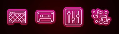 Satır Gitar Amplifikatörü, Retro ses kaseti, Ses Karıştırıcı denetleyici ve Müzik Notası, ton. Parlayan neon ikonu. Vektör