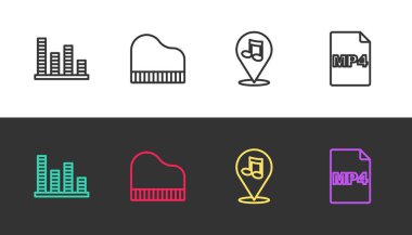 Satır Müzik Dengeleyicisi, Büyük Piyano, Konum notası ve MP4 dosya belgesini siyah ve beyaz üzerine ayarla. Vektör