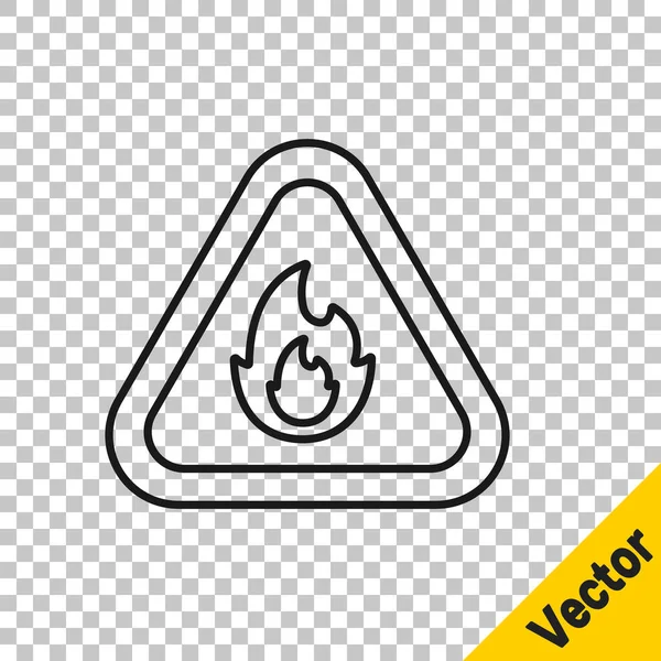 Línea Negra Llama Fuego Triángulo Icono Aislado Sobre Fondo Transparente — Vector de stock