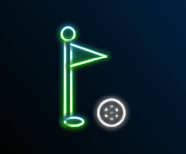 Parlayan neon hattı Golf bayrağı simgesi siyah arkaplanda izole edildi. Golf ekipmanı ya da aksesuar. Renkli taslak konsepti. Vektör