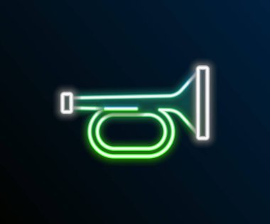 Parlayan neon hattı Trompet simgesi siyah arkaplanda izole edildi. Müzik aleti trompeti. Renkli taslak konsepti. Vektör