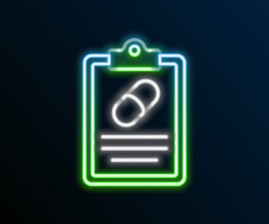 Parlayan neon hattı tıbbi reçete simgesi siyah arka planda izole edildi. RX formu. Yemek tarifi. Eczane ya da ilaç sembolü. Renkli taslak konsepti. Vektör